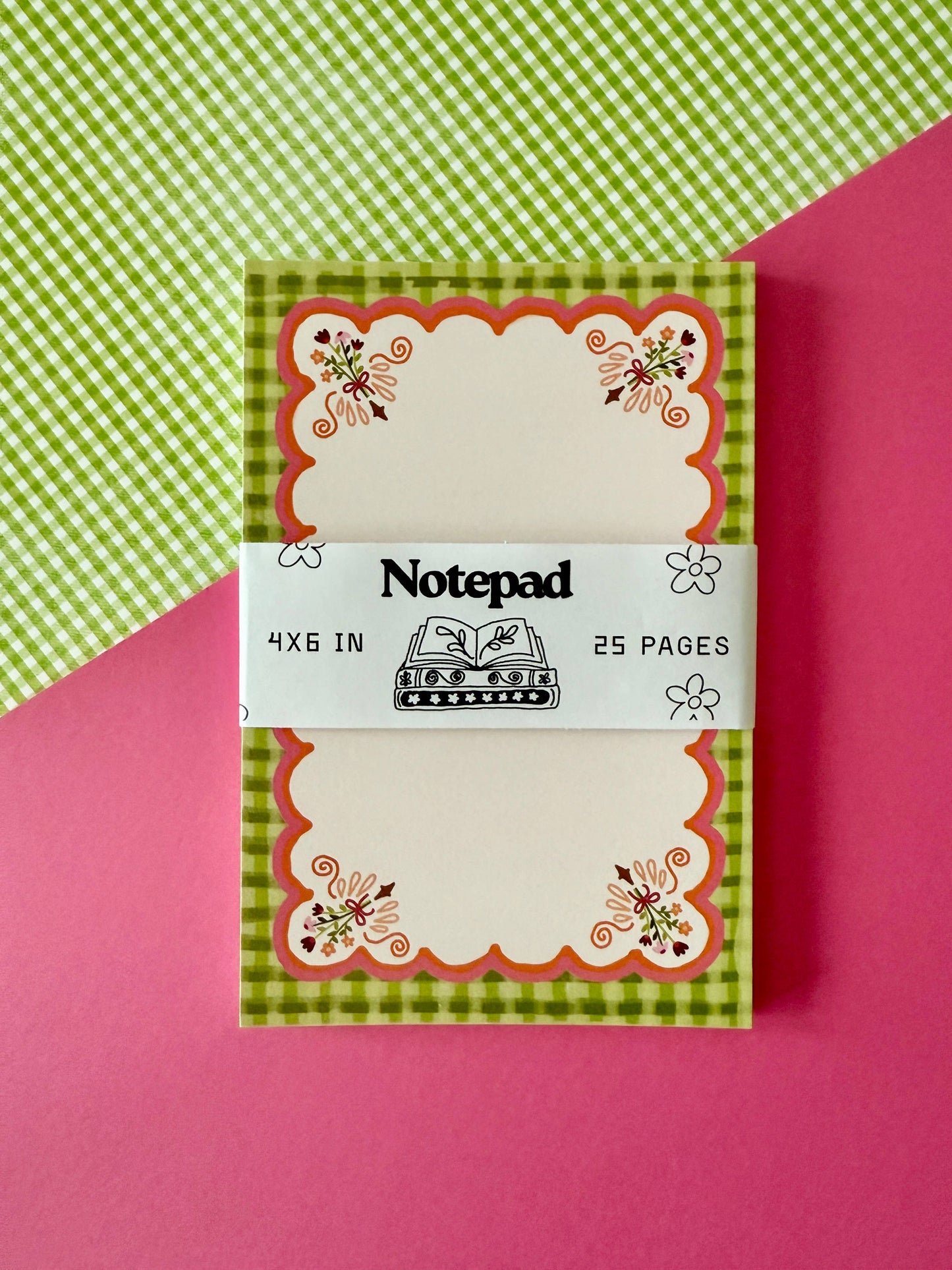 Green Gingham Floral Notepad, 4 x 6 in, 25 Pages