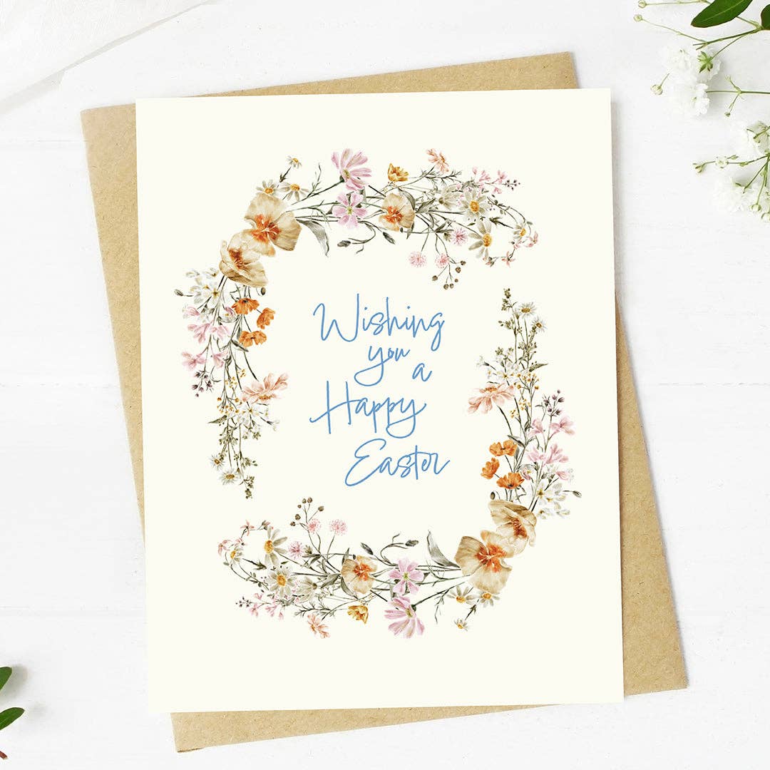 "Wishing you a happy Easter" Floral Wreath Card