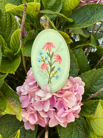 Green Floral Vinyl Sticker, Whimsical 1.87x 3 in, Waterproof