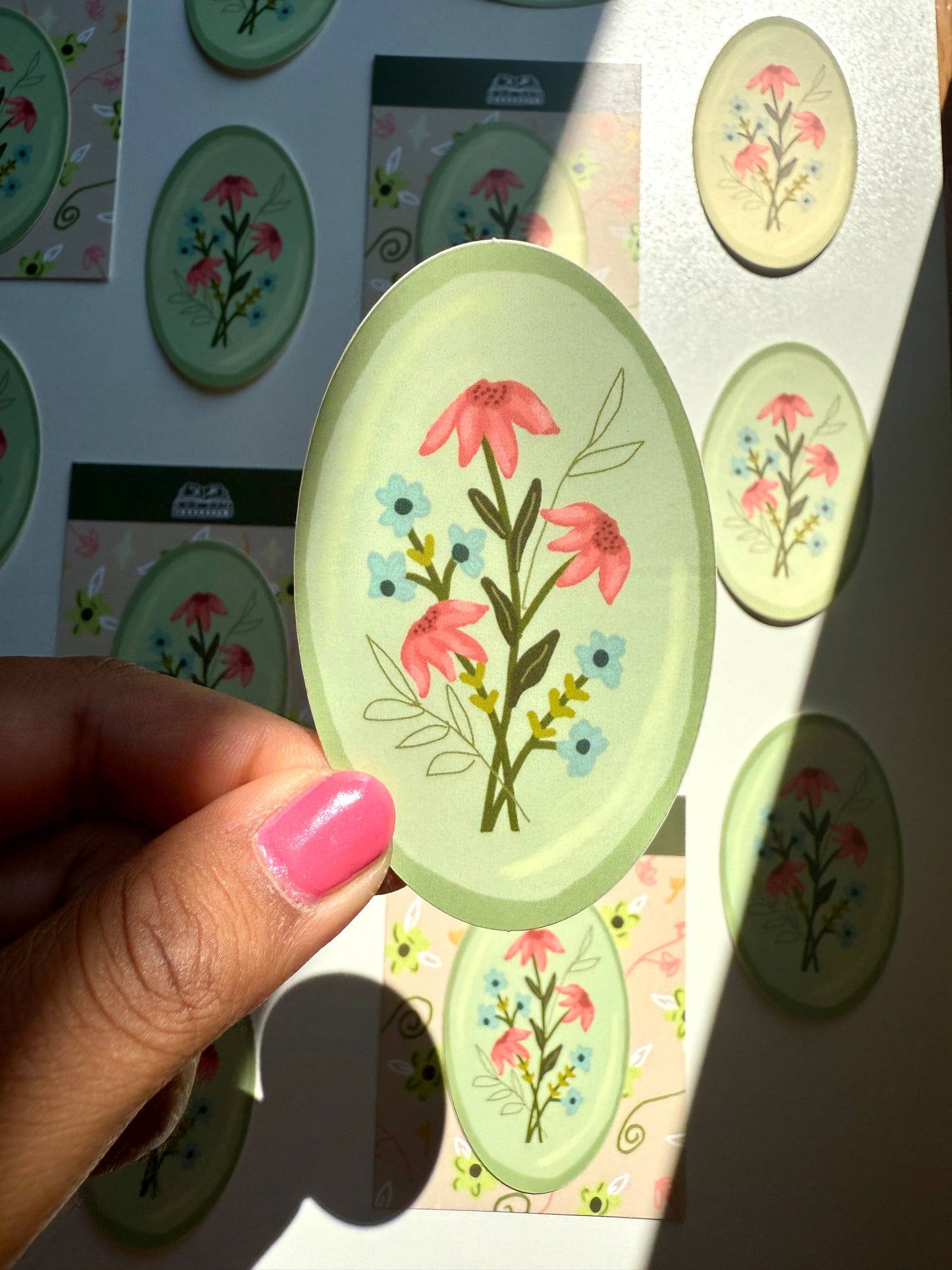 Green Floral Vinyl Sticker, Whimsical 1.87x 3 in, Waterproof