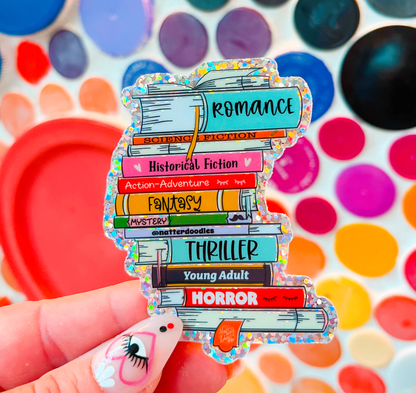 Book Lovers Multi-Genres Stack Sticker - Glitter Waterproof