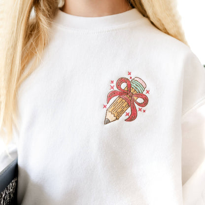 EMBROIDERED - PENCIL WITH BOW - Child Sweatshirt - BLACK