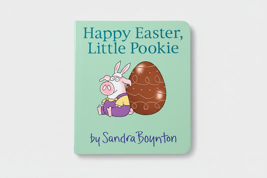Children's book titled 'Happy Easter, Little Pookie' by Sandra Boynton on a wooden surface.