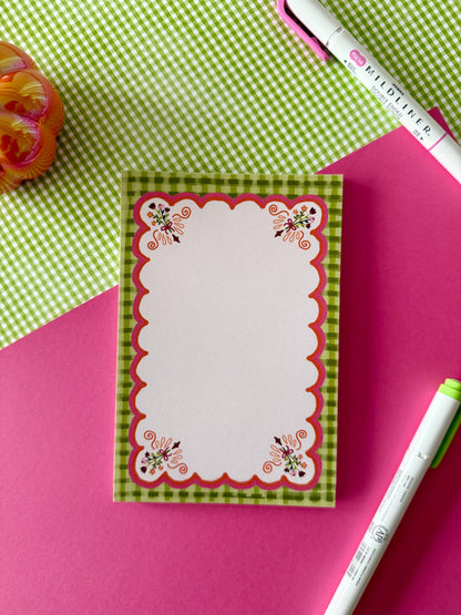 Green Gingham Floral Notepad, 4 x 6 in, 25 Pages