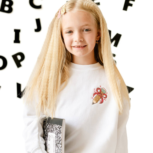 EMBROIDERED - PENCIL WITH BOW - Child Sweatshirt - BLACK