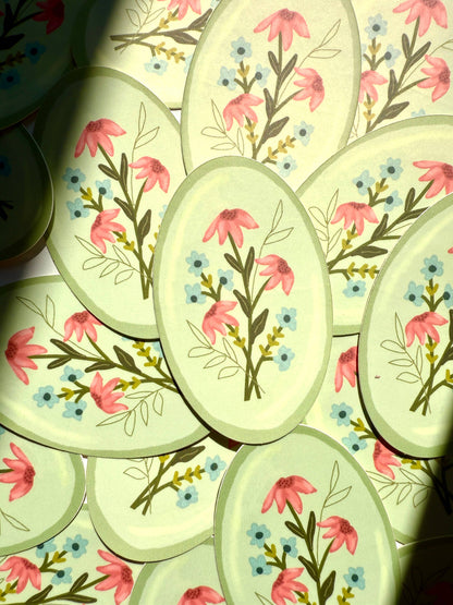Green Floral Vinyl Sticker, Whimsical 1.87x 3 in, Waterproof